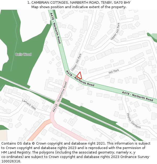1, CAMBRIAN COTTAGES, NARBERTH ROAD, TENBY, SA70 8HY: Location map and indicative extent of plot