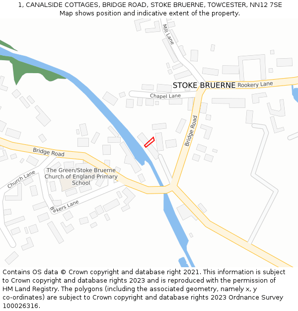 1, CANALSIDE COTTAGES, BRIDGE ROAD, STOKE BRUERNE, TOWCESTER, NN12 7SE: Location map and indicative extent of plot