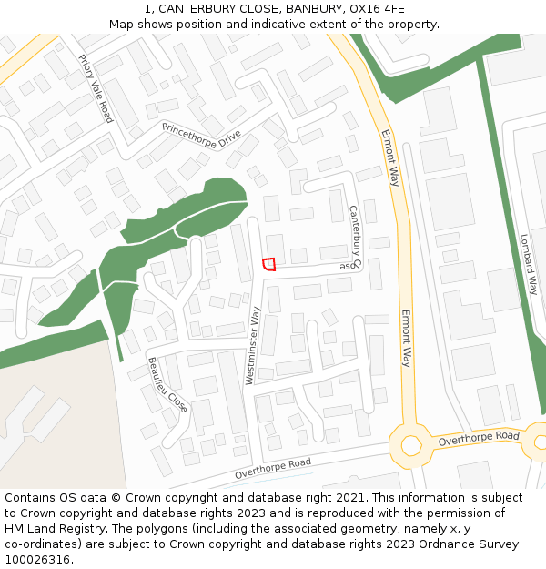 1, CANTERBURY CLOSE, BANBURY, OX16 4FE: Location map and indicative extent of plot