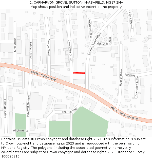 1, CARNARVON GROVE, SUTTON-IN-ASHFIELD, NG17 2HH: Location map and indicative extent of plot