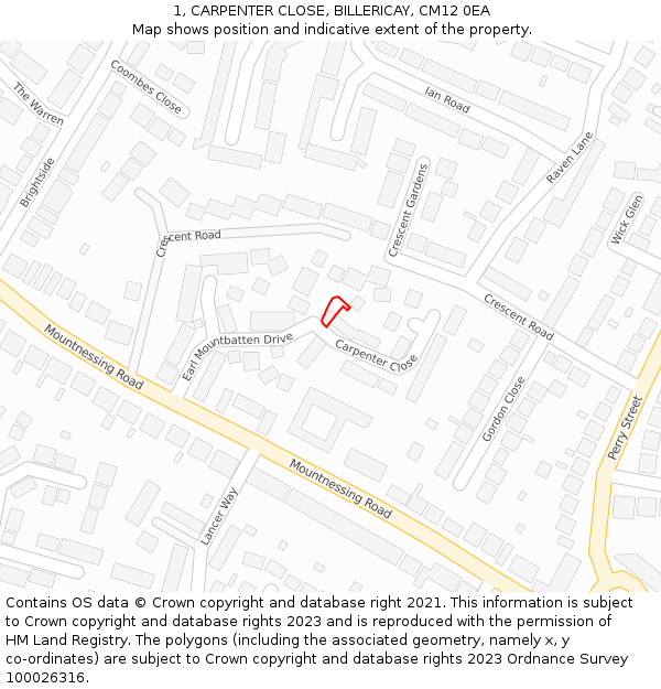 1, CARPENTER CLOSE, BILLERICAY, CM12 0EA: Location map and indicative extent of plot
