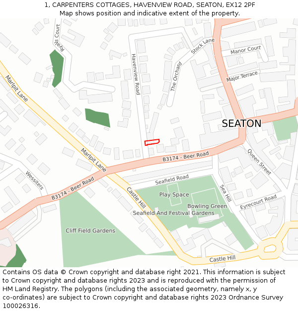 1, CARPENTERS COTTAGES, HAVENVIEW ROAD, SEATON, EX12 2PF: Location map and indicative extent of plot