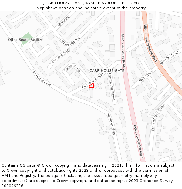 1, CARR HOUSE LANE, WYKE, BRADFORD, BD12 8DH: Location map and indicative extent of plot