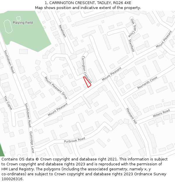 1, CARRINGTON CRESCENT, TADLEY, RG26 4XE: Location map and indicative extent of plot