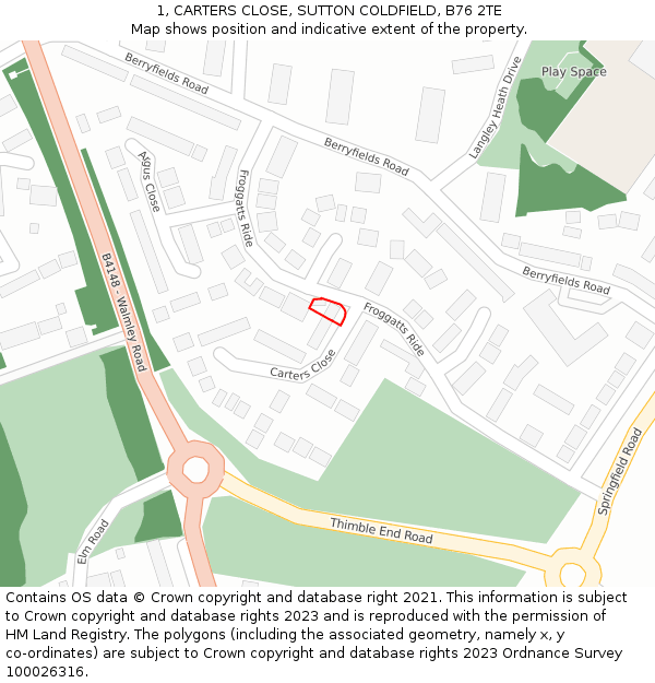 1, CARTERS CLOSE, SUTTON COLDFIELD, B76 2TE: Location map and indicative extent of plot
