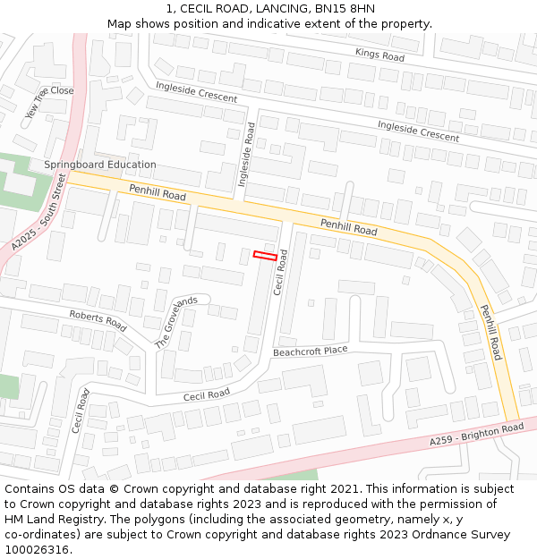 1, CECIL ROAD, LANCING, BN15 8HN: Location map and indicative extent of plot