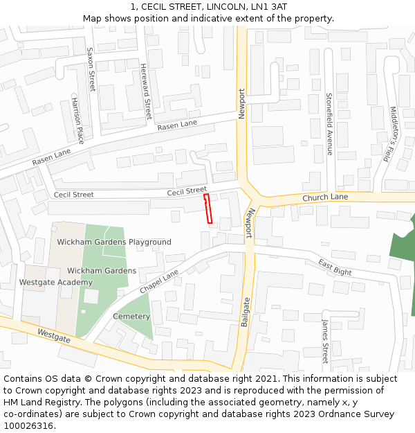 1, CECIL STREET, LINCOLN, LN1 3AT: Location map and indicative extent of plot