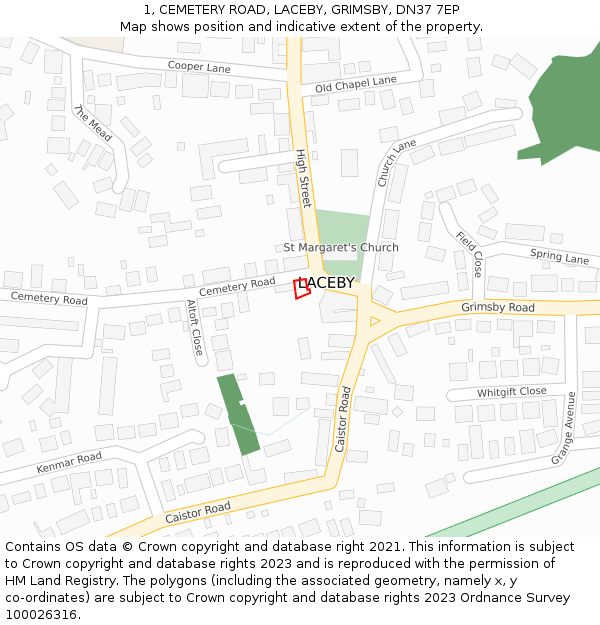 1, CEMETERY ROAD, LACEBY, GRIMSBY, DN37 7EP: Location map and indicative extent of plot