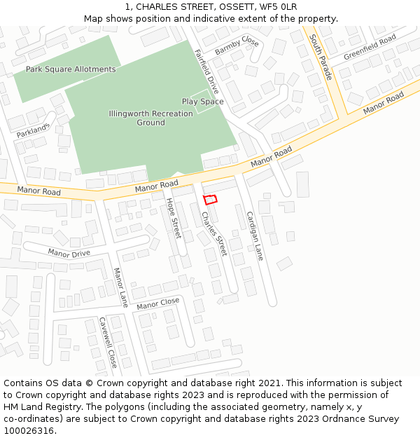 1, CHARLES STREET, OSSETT, WF5 0LR: Location map and indicative extent of plot