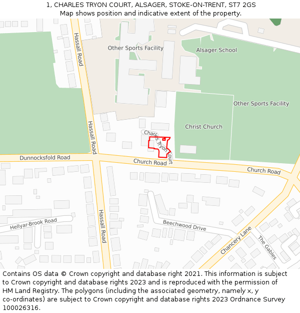 1, CHARLES TRYON COURT, ALSAGER, STOKE-ON-TRENT, ST7 2GS: Location map and indicative extent of plot