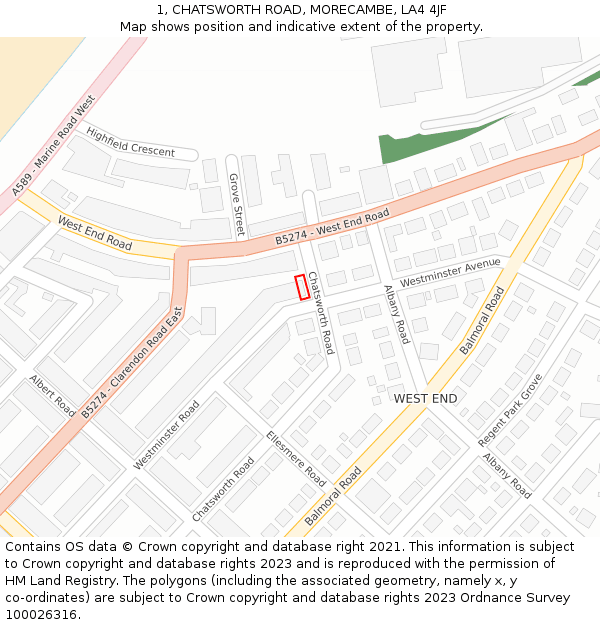 1, CHATSWORTH ROAD, MORECAMBE, LA4 4JF: Location map and indicative extent of plot