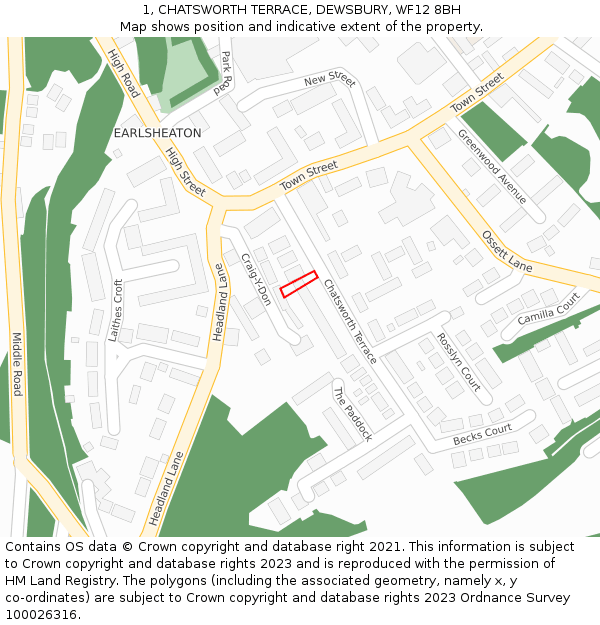 1, CHATSWORTH TERRACE, DEWSBURY, WF12 8BH: Location map and indicative extent of plot