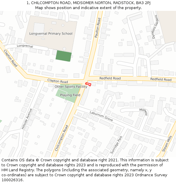 1, CHILCOMPTON ROAD, MIDSOMER NORTON, RADSTOCK, BA3 2PJ: Location map and indicative extent of plot