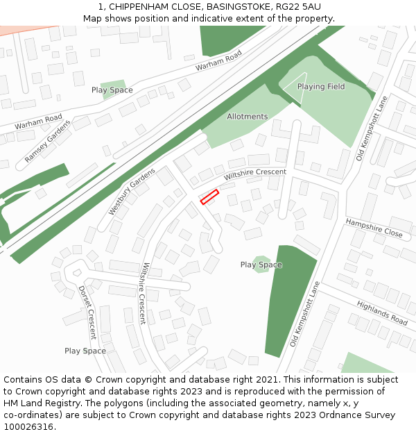 1, CHIPPENHAM CLOSE, BASINGSTOKE, RG22 5AU: Location map and indicative extent of plot