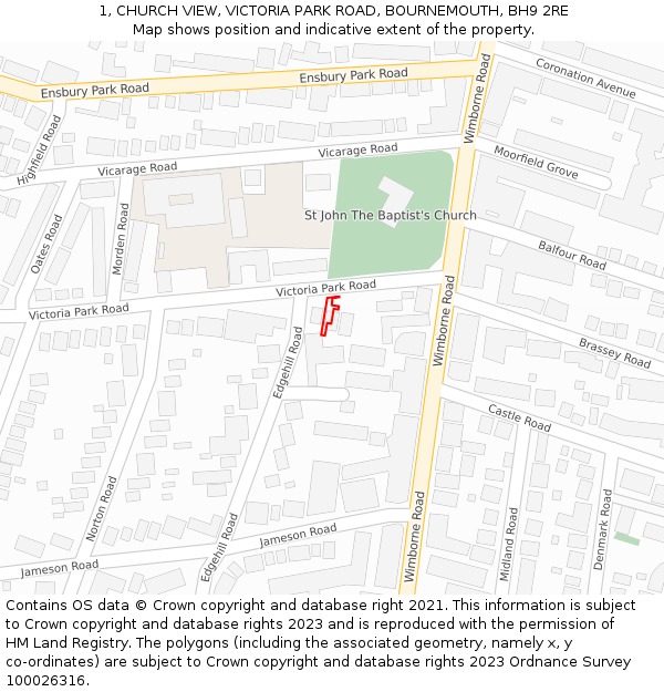1, CHURCH VIEW, VICTORIA PARK ROAD, BOURNEMOUTH, BH9 2RE: Location map and indicative extent of plot