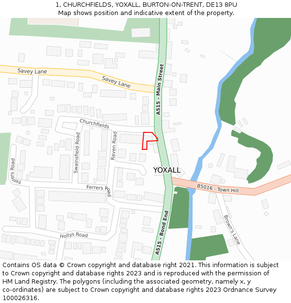 1, CHURCHFIELDS, YOXALL, BURTON-ON-TRENT, DE13 8PU: Location map and indicative extent of plot