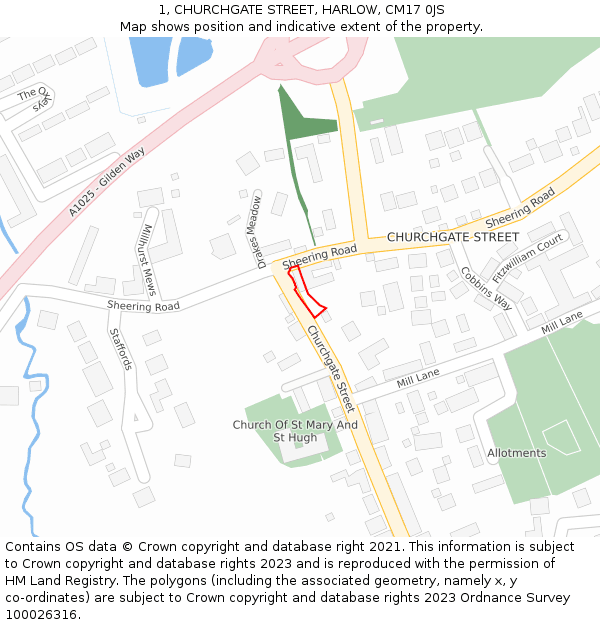 1, CHURCHGATE STREET, HARLOW, CM17 0JS: Location map and indicative extent of plot