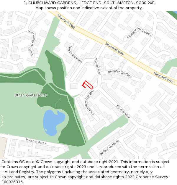 1, CHURCHWARD GARDENS, HEDGE END, SOUTHAMPTON, SO30 2XP: Location map and indicative extent of plot