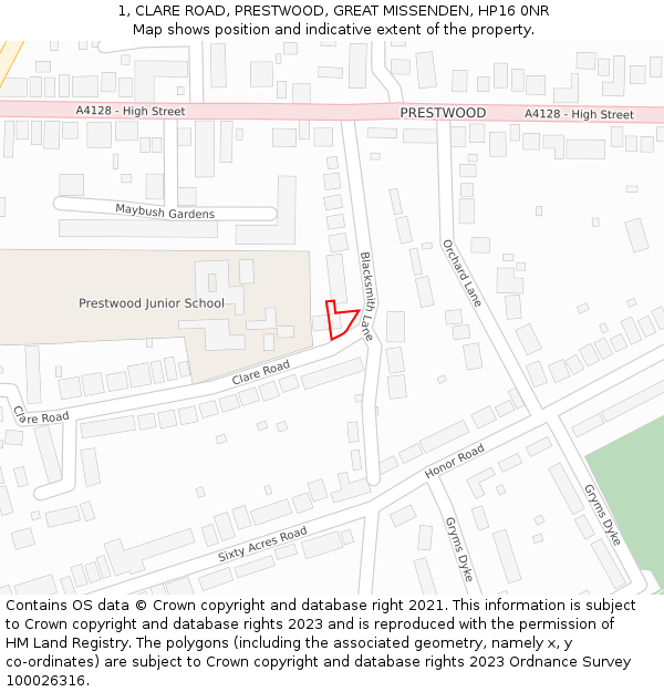 1, CLARE ROAD, PRESTWOOD, GREAT MISSENDEN, HP16 0NR: Location map and indicative extent of plot
