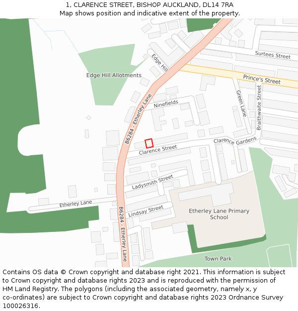 1, CLARENCE STREET, BISHOP AUCKLAND, DL14 7RA: Location map and indicative extent of plot