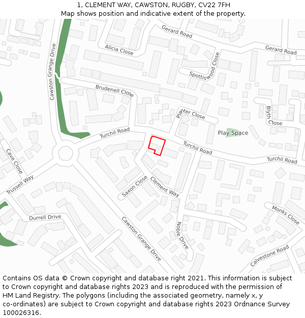 1, CLEMENT WAY, CAWSTON, RUGBY, CV22 7FH: Location map and indicative extent of plot