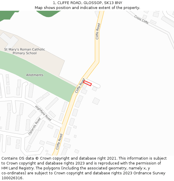 1, CLIFFE ROAD, GLOSSOP, SK13 8NY: Location map and indicative extent of plot