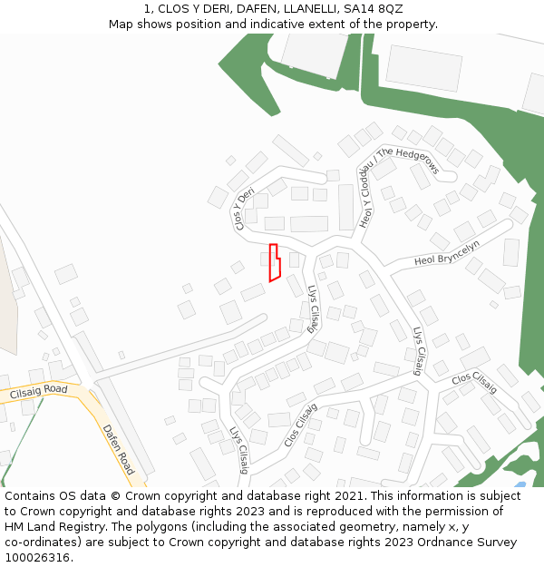 1, CLOS Y DERI, DAFEN, LLANELLI, SA14 8QZ: Location map and indicative extent of plot