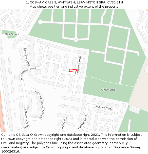 1, COBHAM GREEN, WHITNASH, LEAMINGTON SPA, CV31 2TH: Location map and indicative extent of plot