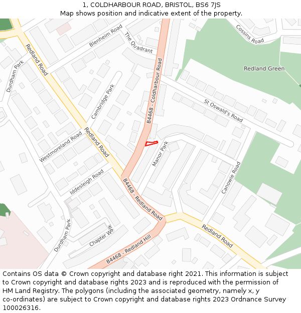 1, COLDHARBOUR ROAD, BRISTOL, BS6 7JS: Location map and indicative extent of plot