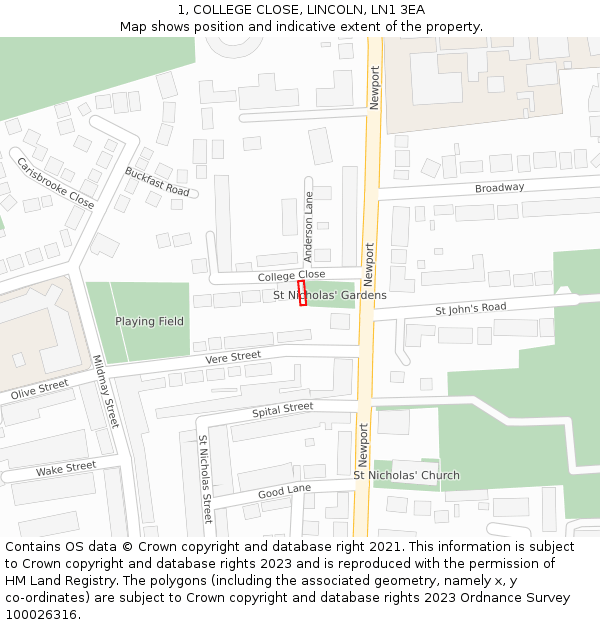 1, COLLEGE CLOSE, LINCOLN, LN1 3EA: Location map and indicative extent of plot