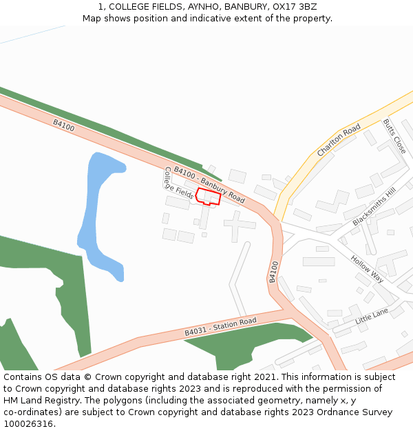 1, COLLEGE FIELDS, AYNHO, BANBURY, OX17 3BZ: Location map and indicative extent of plot