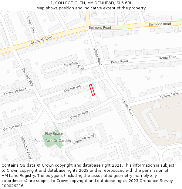 1, COLLEGE GLEN, MAIDENHEAD, SL6 6BL: Location map and indicative extent of plot