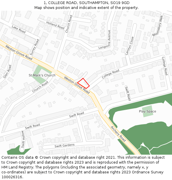 1, COLLEGE ROAD, SOUTHAMPTON, SO19 9GD: Location map and indicative extent of plot