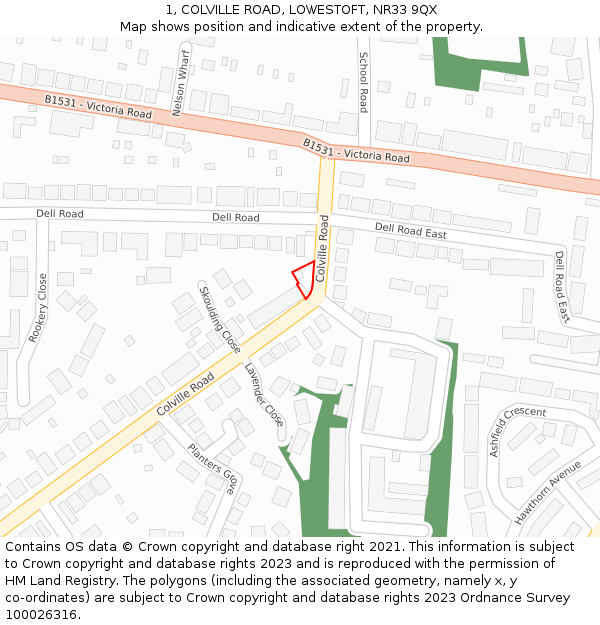 1, COLVILLE ROAD, LOWESTOFT, NR33 9QX: Location map and indicative extent of plot