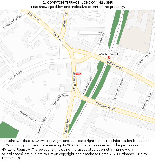 1, COMPTON TERRACE, LONDON, N21 3NR: Location map and indicative extent of plot