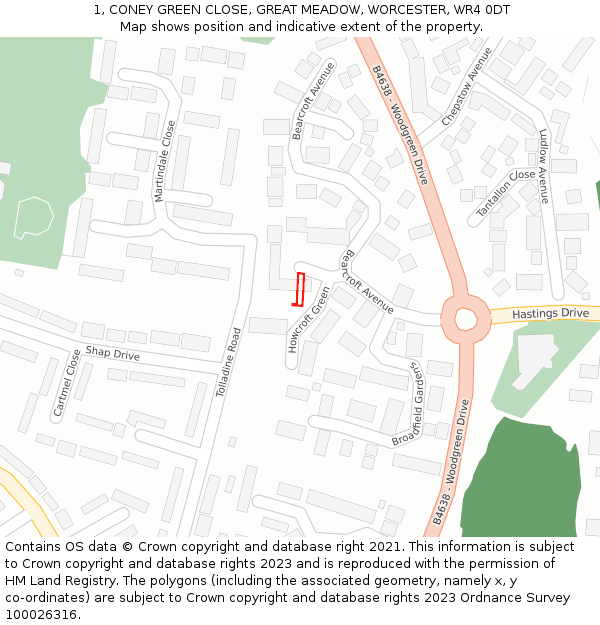 1, CONEY GREEN CLOSE, GREAT MEADOW, WORCESTER, WR4 0DT: Location map and indicative extent of plot