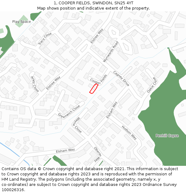 1, COOPER FIELDS, SWINDON, SN25 4YT: Location map and indicative extent of plot