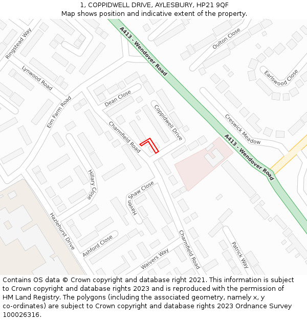 1, COPPIDWELL DRIVE, AYLESBURY, HP21 9QF: Location map and indicative extent of plot