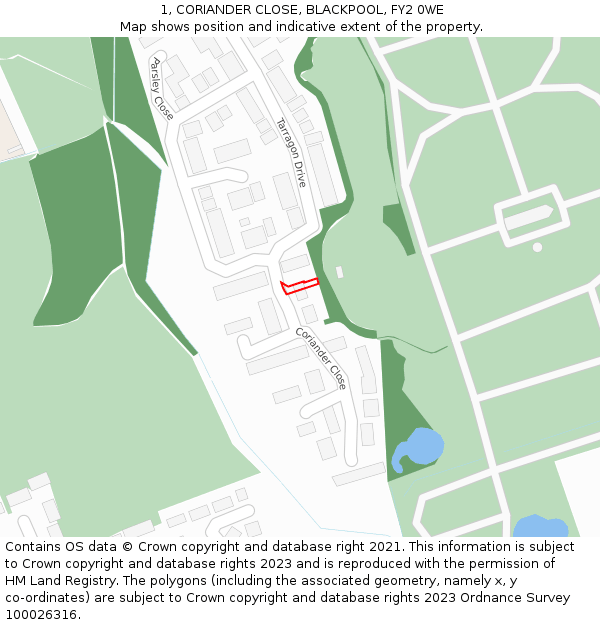 1, CORIANDER CLOSE, BLACKPOOL, FY2 0WE: Location map and indicative extent of plot