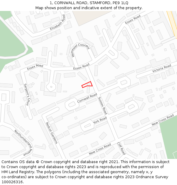 1, CORNWALL ROAD, STAMFORD, PE9 1LQ: Location map and indicative extent of plot