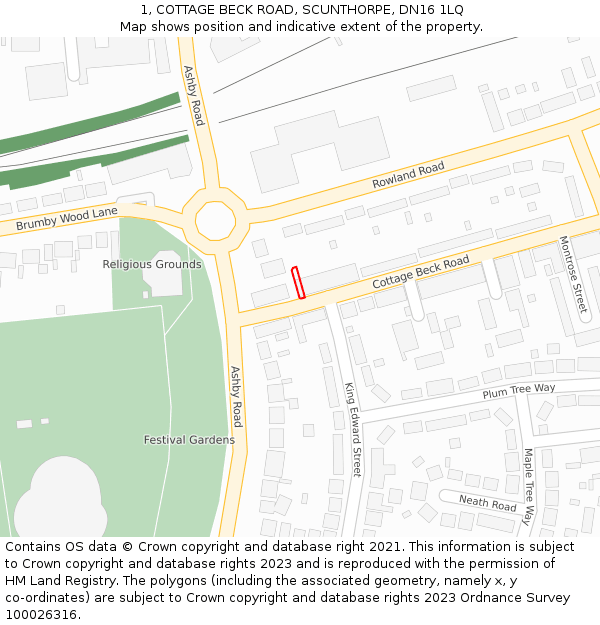 1, COTTAGE BECK ROAD, SCUNTHORPE, DN16 1LQ: Location map and indicative extent of plot