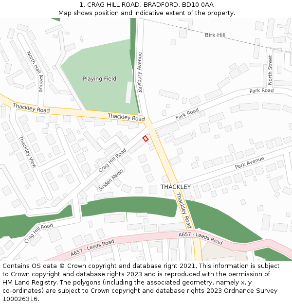 1, CRAG HILL ROAD, BRADFORD, BD10 0AA: Location map and indicative extent of plot