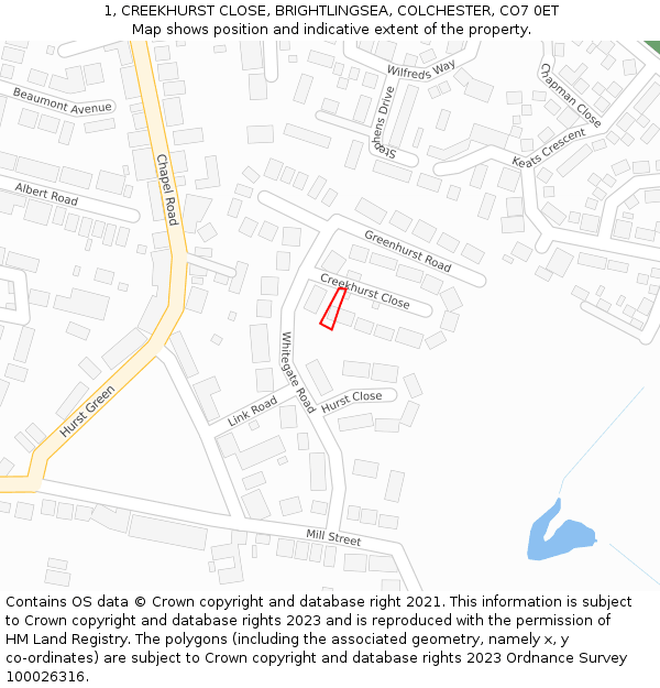 1, CREEKHURST CLOSE, BRIGHTLINGSEA, COLCHESTER, CO7 0ET: Location map and indicative extent of plot