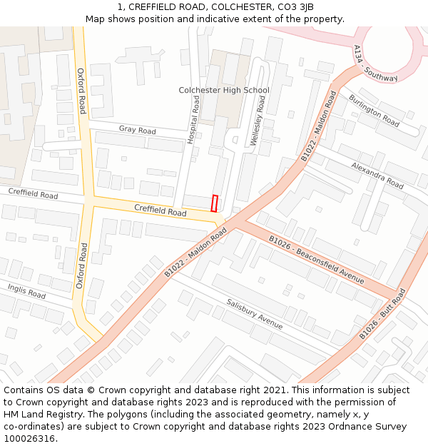 1, CREFFIELD ROAD, COLCHESTER, CO3 3JB: Location map and indicative extent of plot