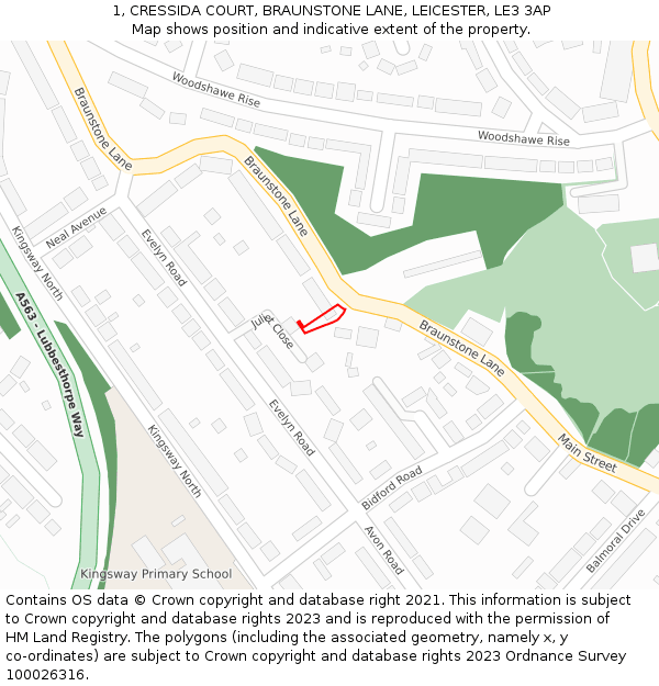 1, CRESSIDA COURT, BRAUNSTONE LANE, LEICESTER, LE3 3AP: Location map and indicative extent of plot