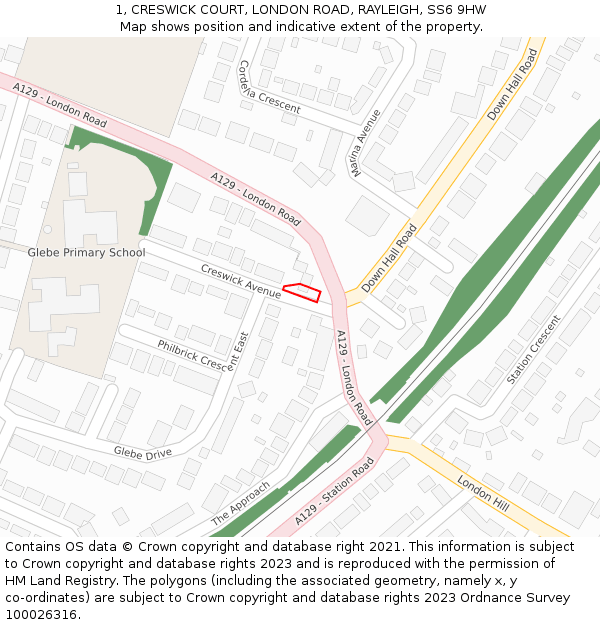 1, CRESWICK COURT, LONDON ROAD, RAYLEIGH, SS6 9HW: Location map and indicative extent of plot