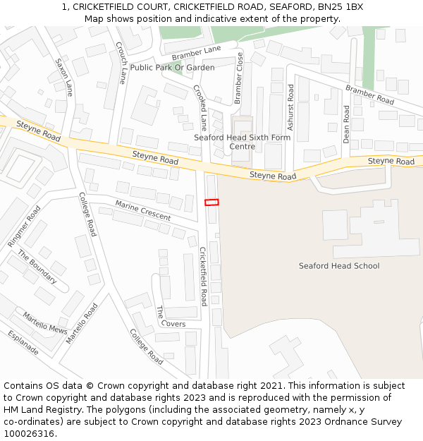 1, CRICKETFIELD COURT, CRICKETFIELD ROAD, SEAFORD, BN25 1BX: Location map and indicative extent of plot