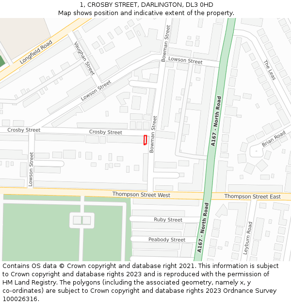 1, CROSBY STREET, DARLINGTON, DL3 0HD: Location map and indicative extent of plot