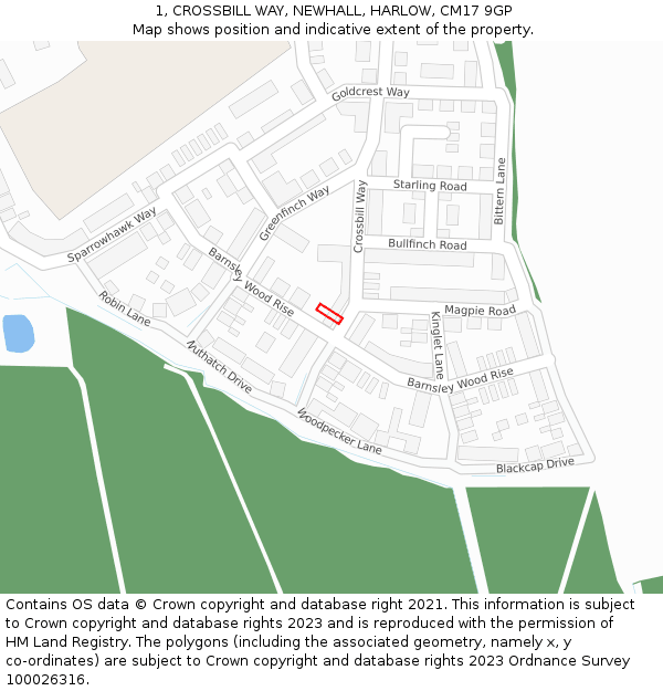 1, CROSSBILL WAY, NEWHALL, HARLOW, CM17 9GP: Location map and indicative extent of plot