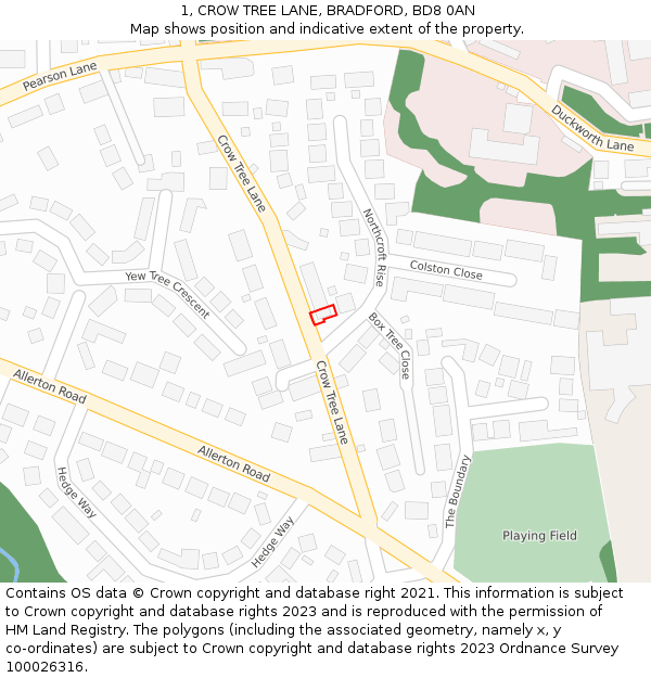 1, CROW TREE LANE, BRADFORD, BD8 0AN: Location map and indicative extent of plot